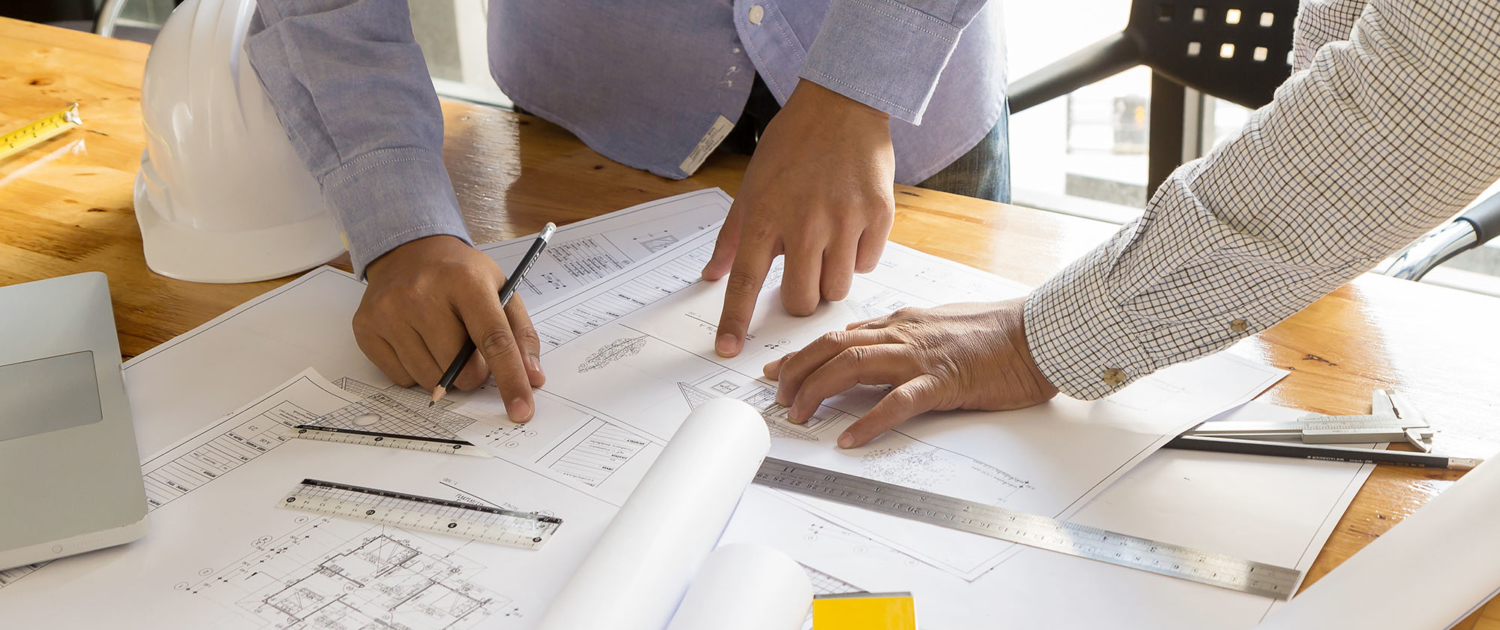 architect point at blueprint, architectural concept